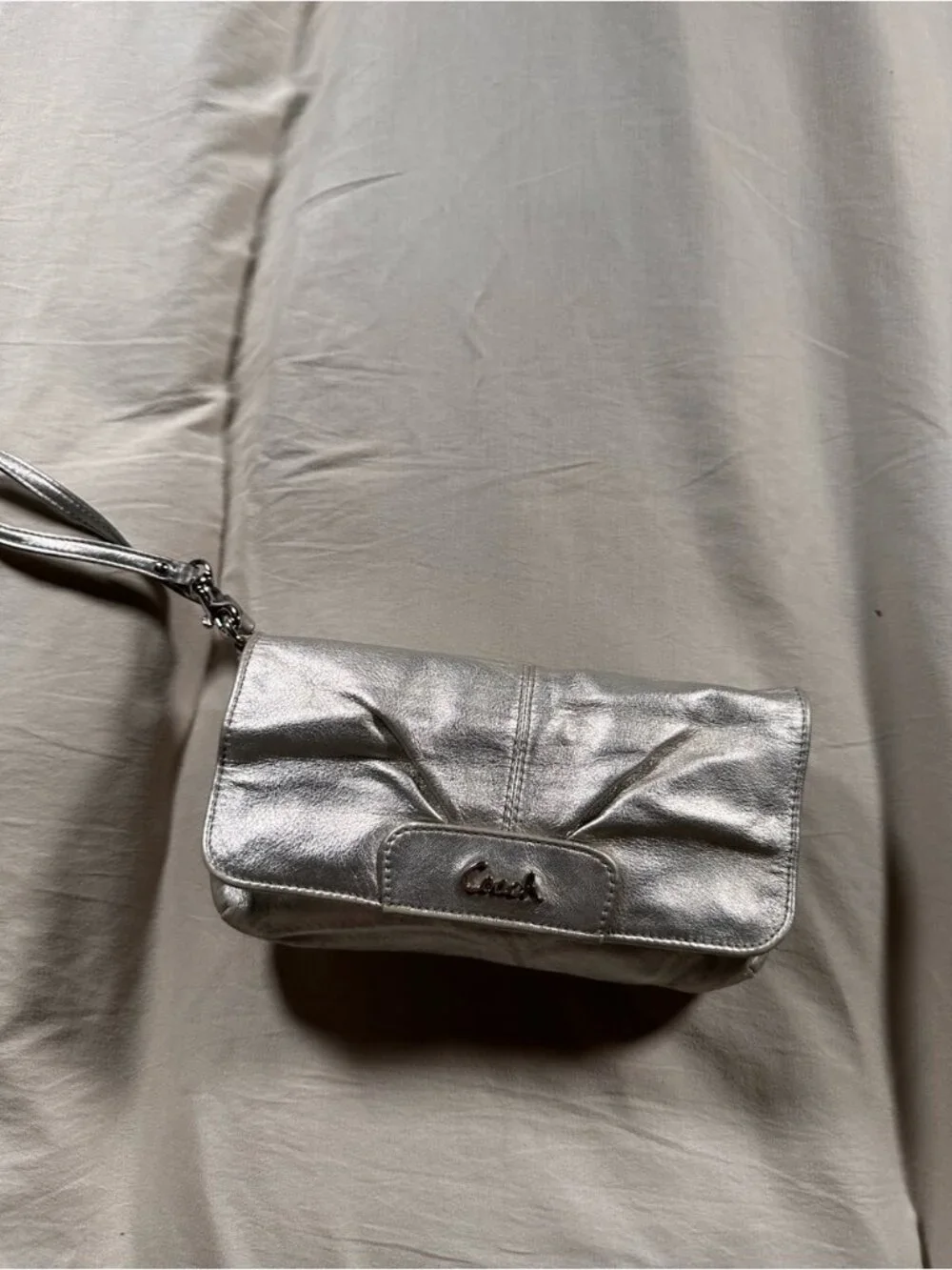 Coach Silver Metallic Leather Clutch – Folded Design, Detachable Wristlet